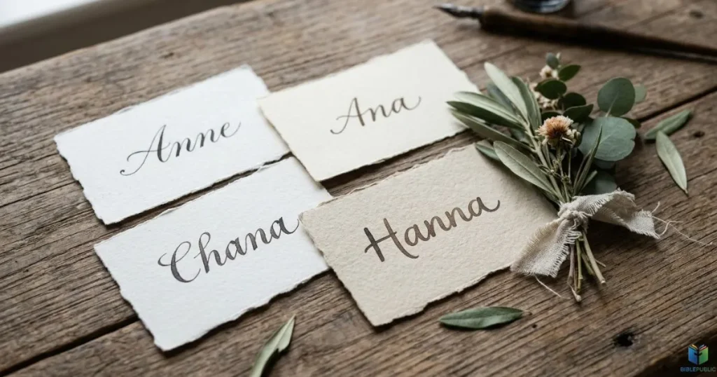 Anne, Ana, Chana, and Hanna name cards representing names associated with grace and favor.