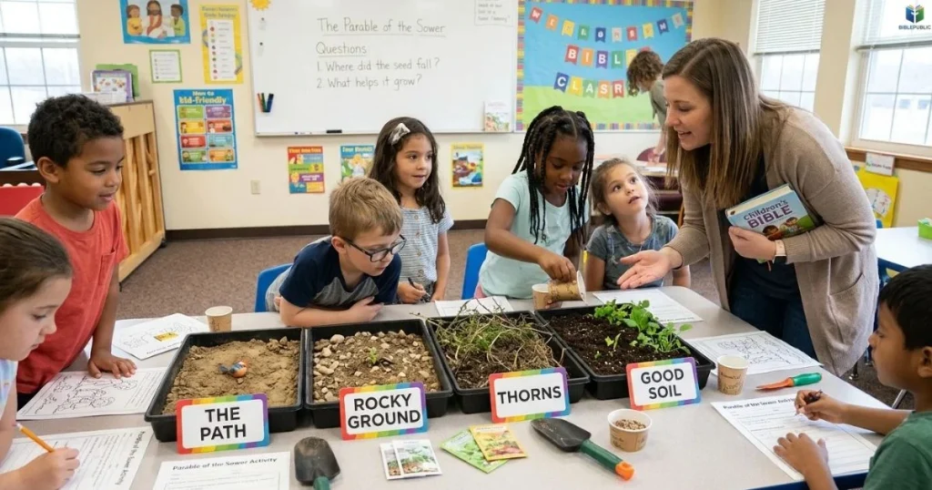Children sort four-soil activity cards while learning the meaning of Jesus’ parable.
