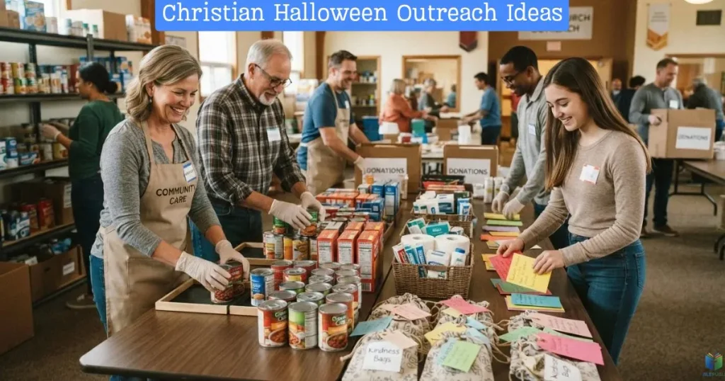 Church volunteers organize food donations, kindness bags, and encouragement cards for local families.