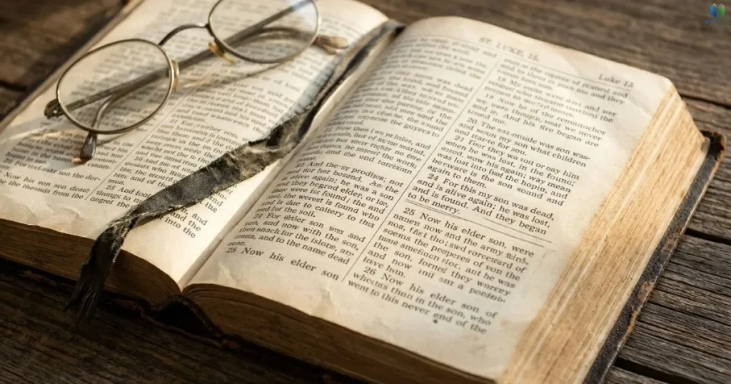 Open King James Bible showing Luke 15:24 about the lost son being found
