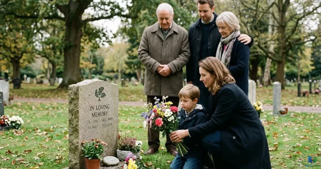 Family members placing flowers at a grave to remember a deceased loved one