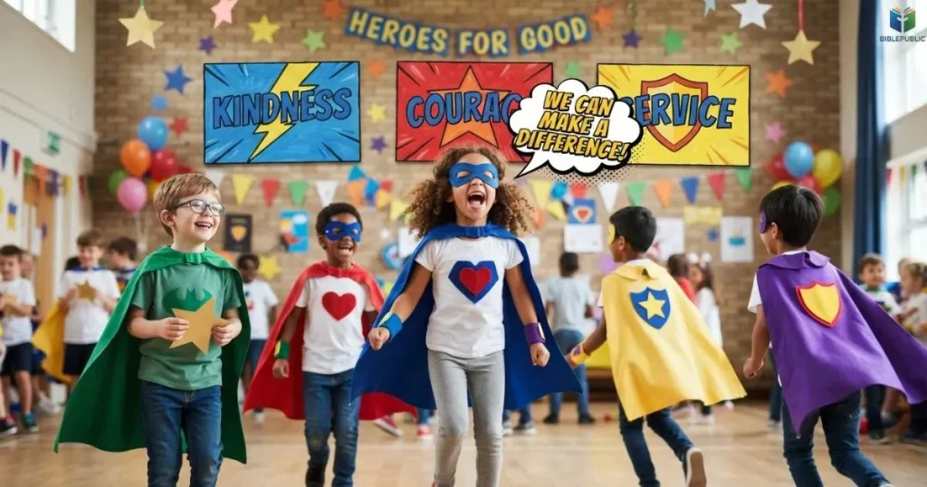 Superhero faith trunk display with colorful capes and signs promoting kindness and courage