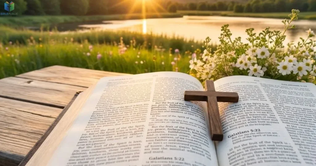 Open Bible and wooden cross at sunrise, illustrating the biblical theme of joy.