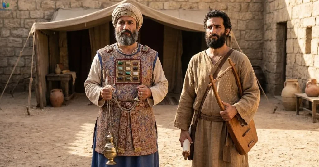An Israelite priest in priestly garments beside a Levite, showing their distinct religious roles.