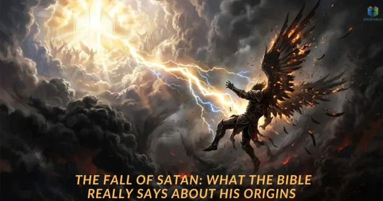 The Fall of Satan symbolized by a fallen angel descending from heavenly light into darkness.