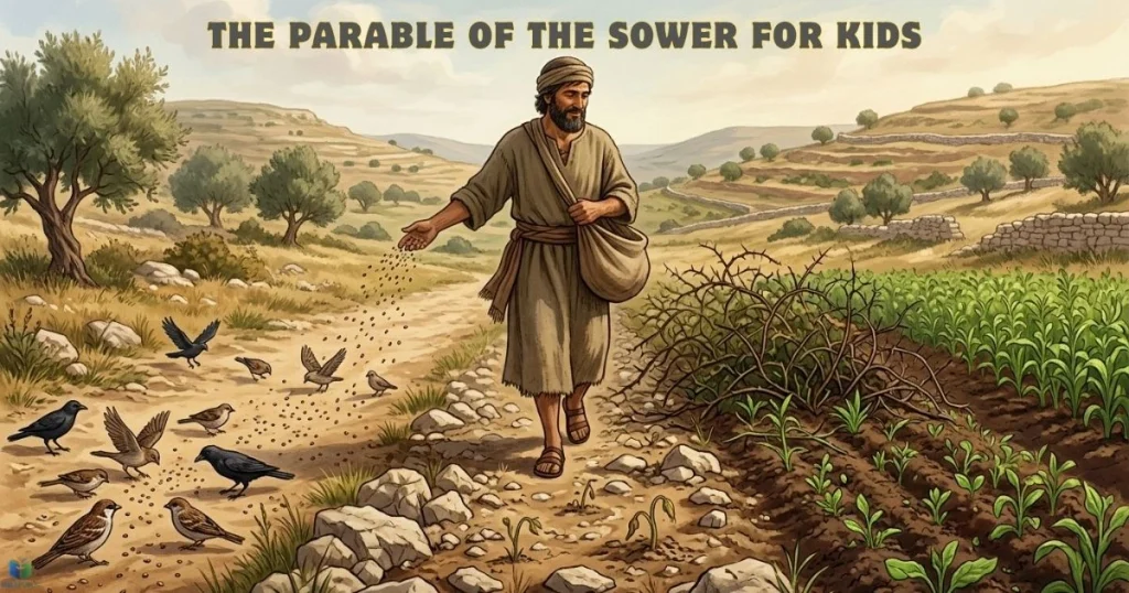 A biblical farmer scatters seeds across a field with rocky, thorny, and fertile soil.