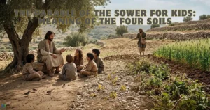 The Parable of the Sower for Kids showing four soils as Jesus teaches children beside a farmer.