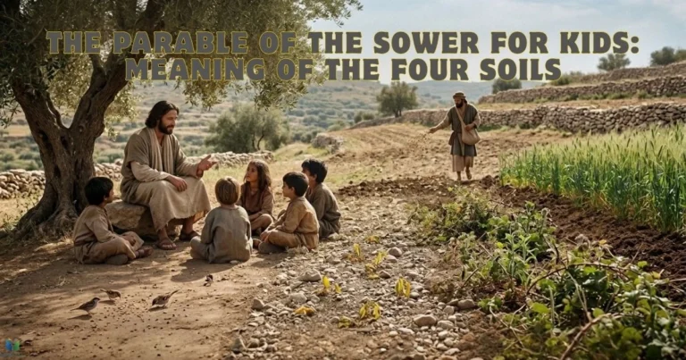 The Parable of the Sower for Kids showing four soils as Jesus teaches children beside a farmer.