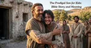 The Prodigal Son for Kids hugging his father after returning home in a Bible story scene.