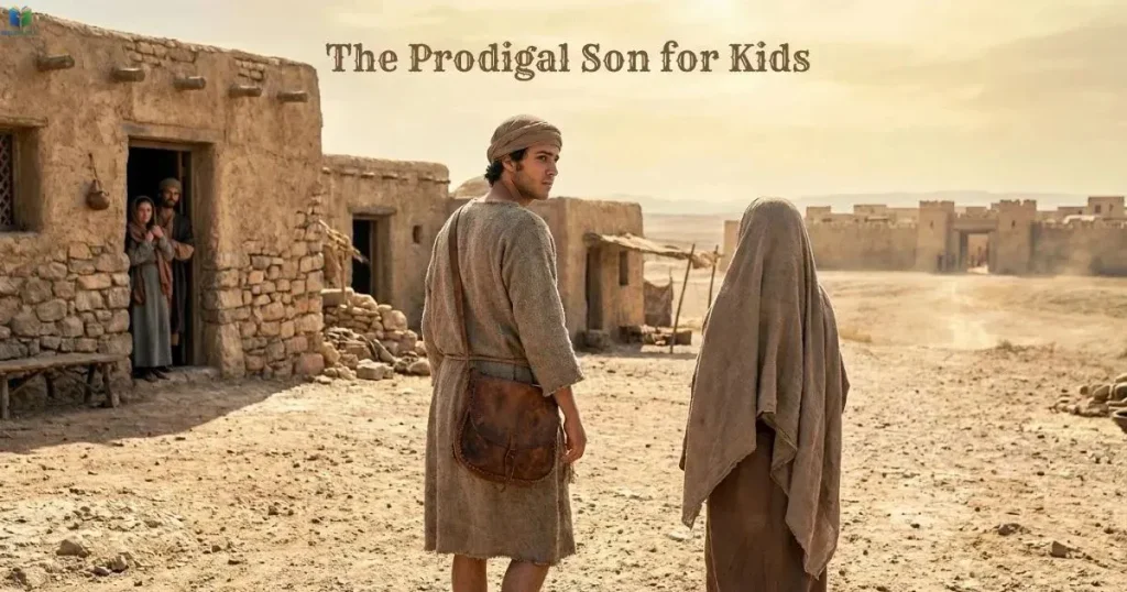 Younger son leaving home with his belongings in the Prodigal Son Bible story.