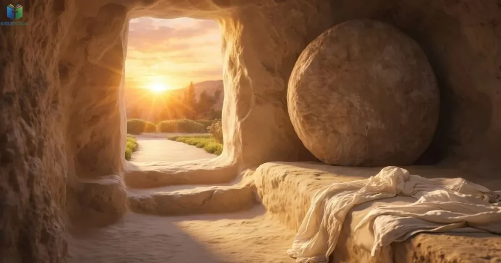 The empty rock tomb with its entrance stone moved aside after Jesus’ resurrection.