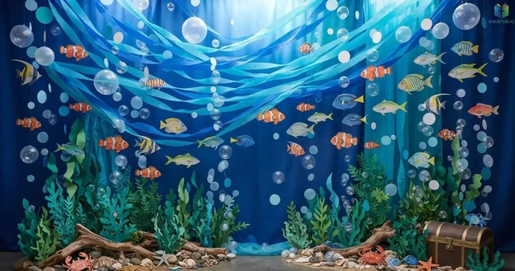 Under-the-sea trunk display with blue streamers, paper fish, seaweed, and bubble decorations