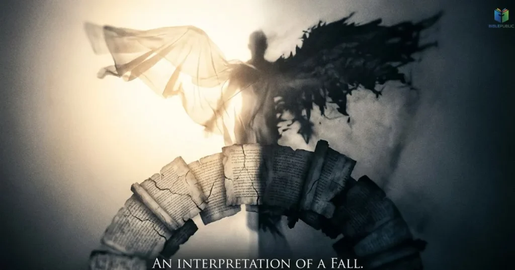 Symbolic winged figure moving from light into shadow, representing the traditional account of Lucifer's fall.