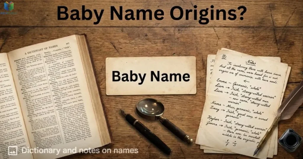 Baby Name Origins explained through a dictionary of names, handwritten notes, and research into name meanings and history.