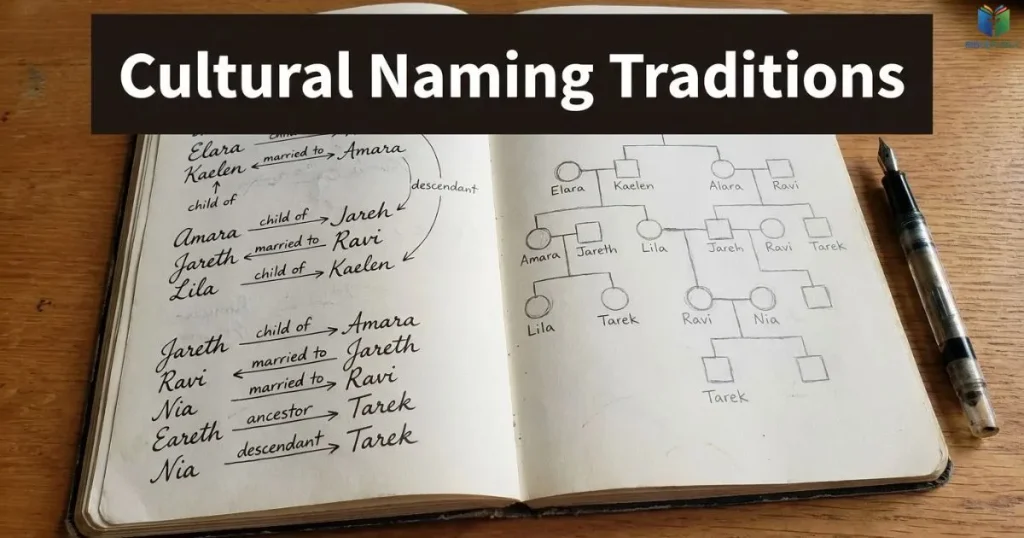 Family tree notes and names illustrate cultural naming traditions and family connections.