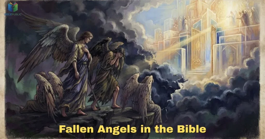 Symbolic illustration of a fallen angel separated from a radiant heavenly realm.