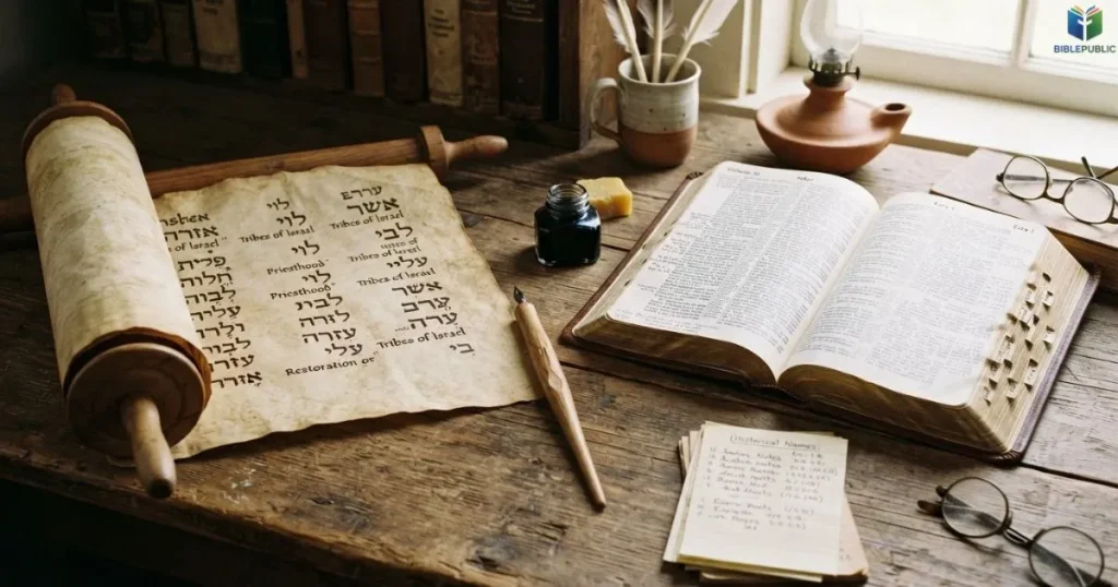 An open Bible and parchment scroll representing the study of biblical names and their origins.