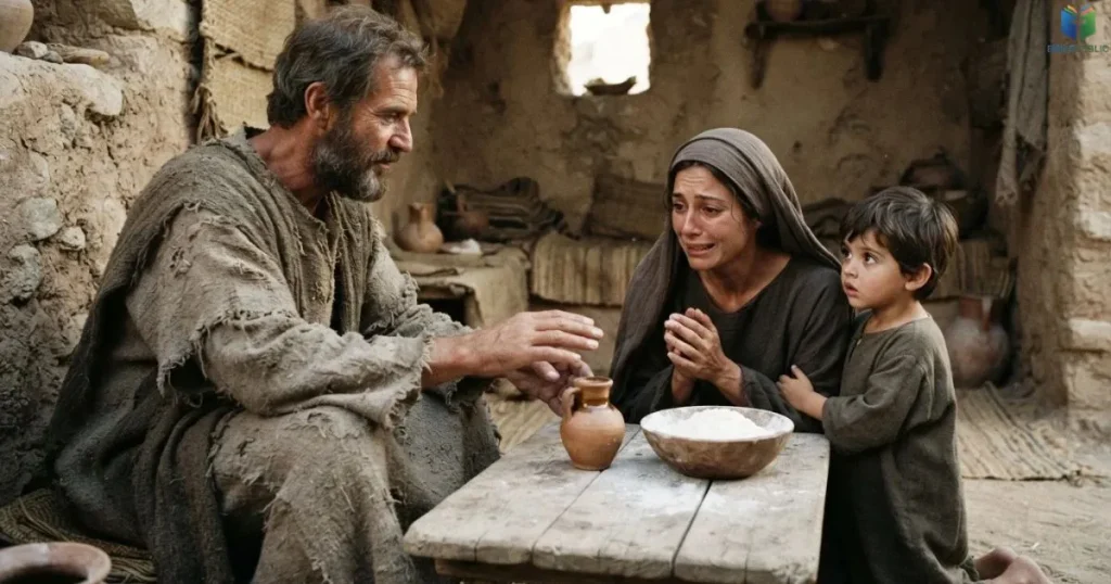 Elijah meets the widow of Zarephath beside a jar of oil and a bowl of flour.
