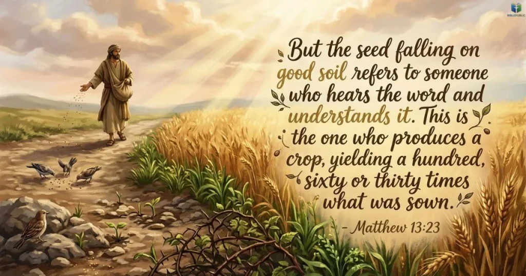 An open King James Bible displaying Matthew 13:23 about hearing God’s Word and bearing fruit.