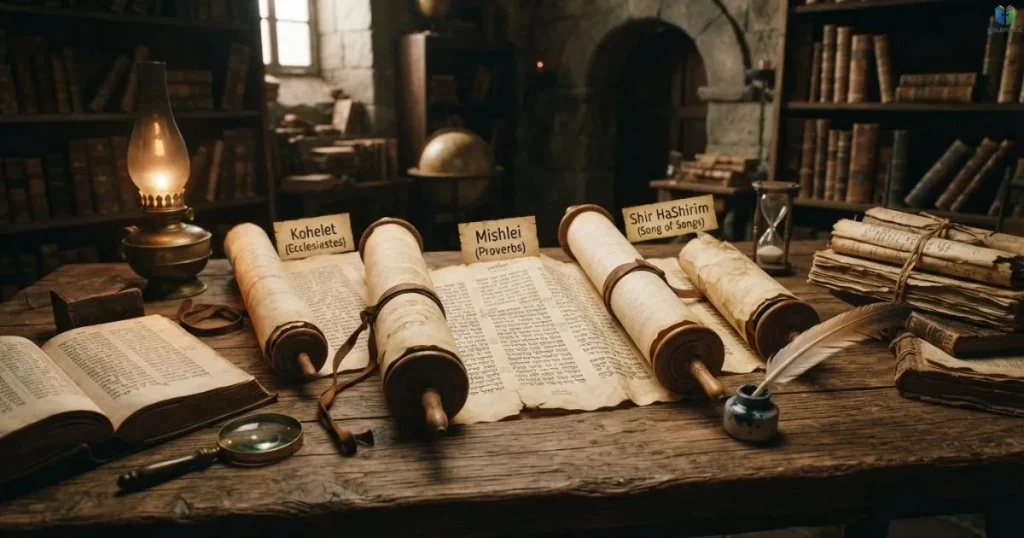 Ancient parchment scrolls representing Proverbs, Ecclesiastes, and the Song of Solomon.