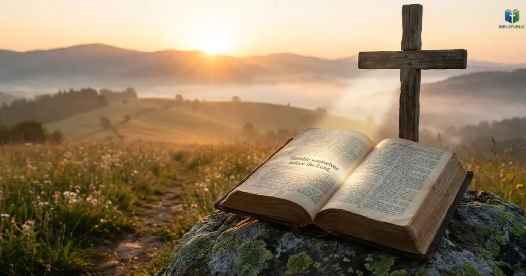 An open Bible and wooden cross at sunrise representing humility, faith, and resistance to temptation.