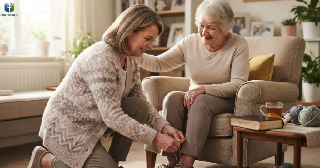 A woman helping another person, illustrating the values of service and generosity.