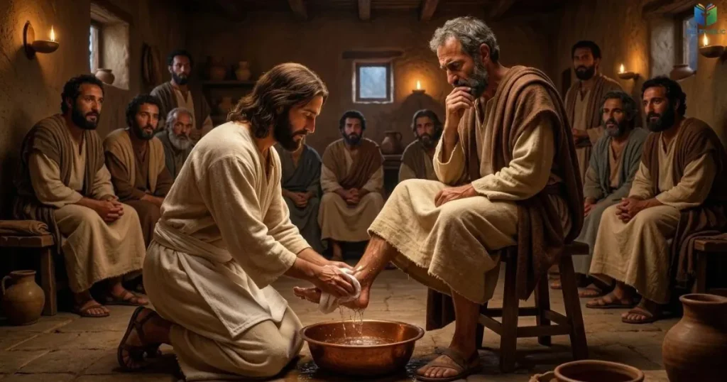 Jesus washes a disciple’s feet as an example of humility and service.