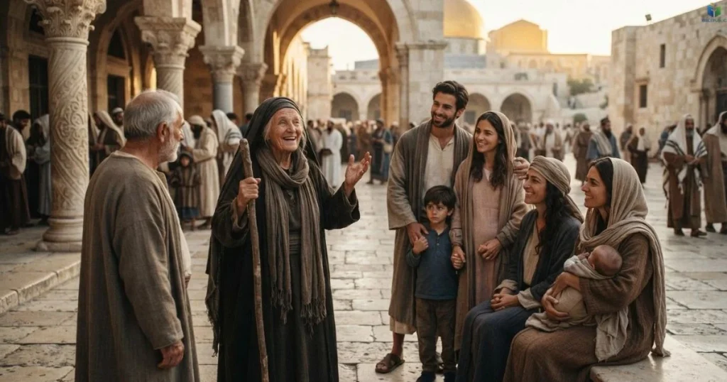 Anna sharing hope about Jesus with people in the Jerusalem temple courtyard.