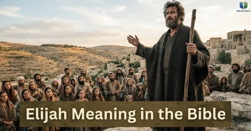 The prophet Elijah stands before the people of Israel, reflecting his declaration of faith in God.