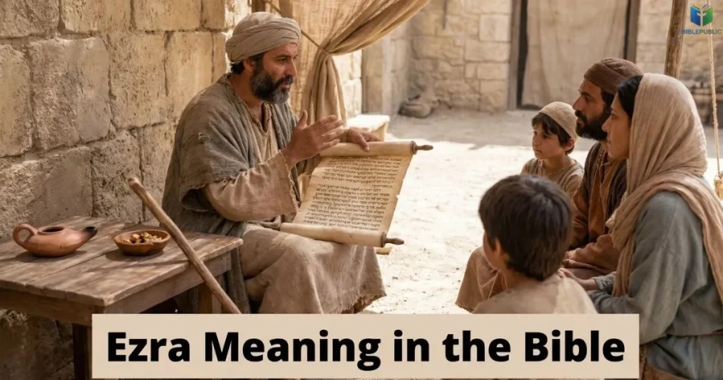 Ezra holding a scroll while teaching people about God's Law in ancient Jerusalem.
