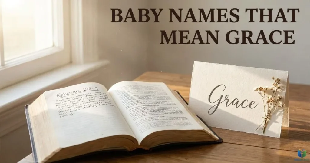 Open Bible beside a Grace name card, illustrating the Christian meaning of grace in Ephesians 2:8–9.