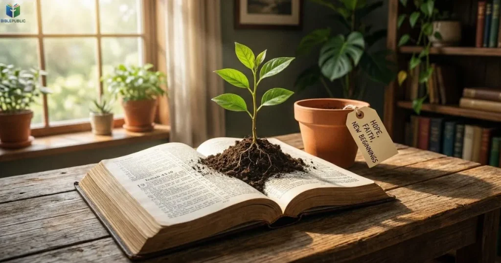 An open Bible beside a green seedling symbolizing hope and new beginnings