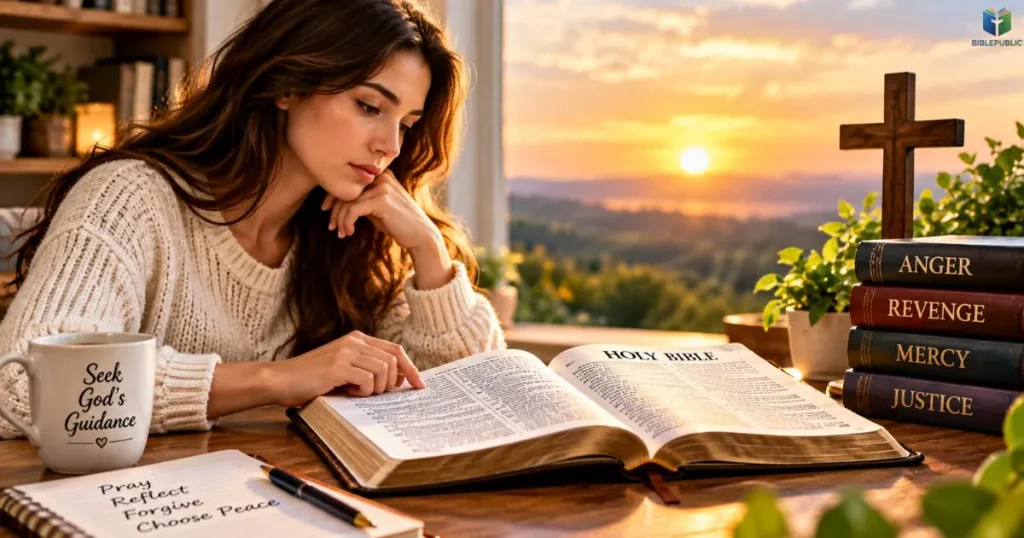 Christian reading Bible about anger, revenge, mercy, and God's justice