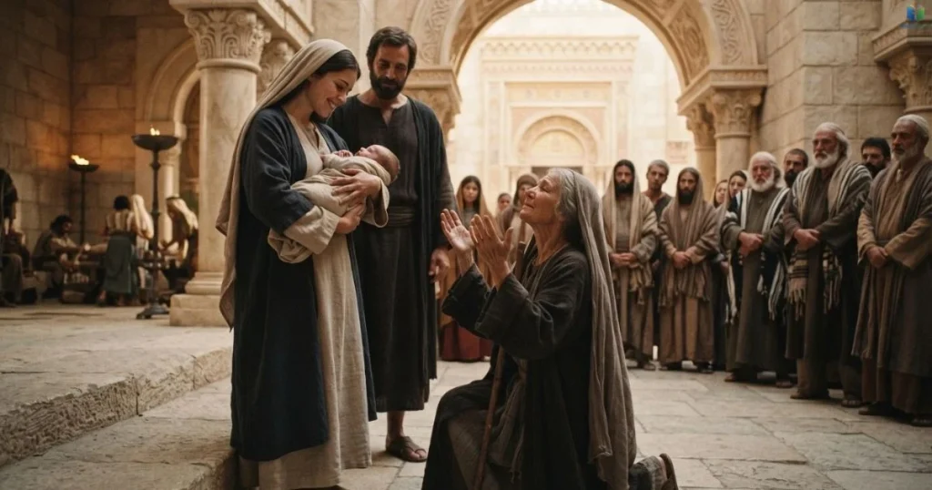 Anna meets baby Jesus in the Jerusalem temple as Mary holds Him nearby.