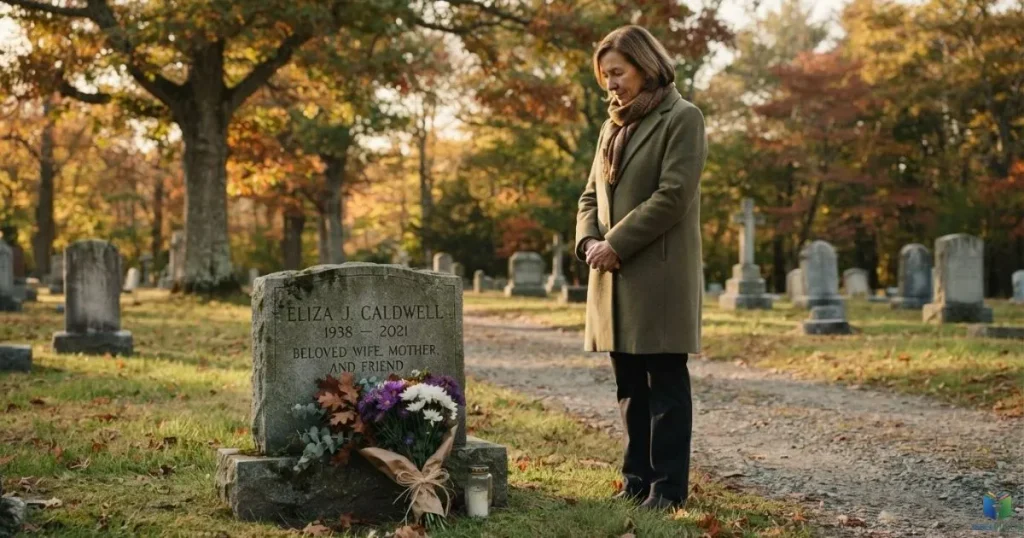 A person remembers a departed loved one beside a grave decorated with flowers