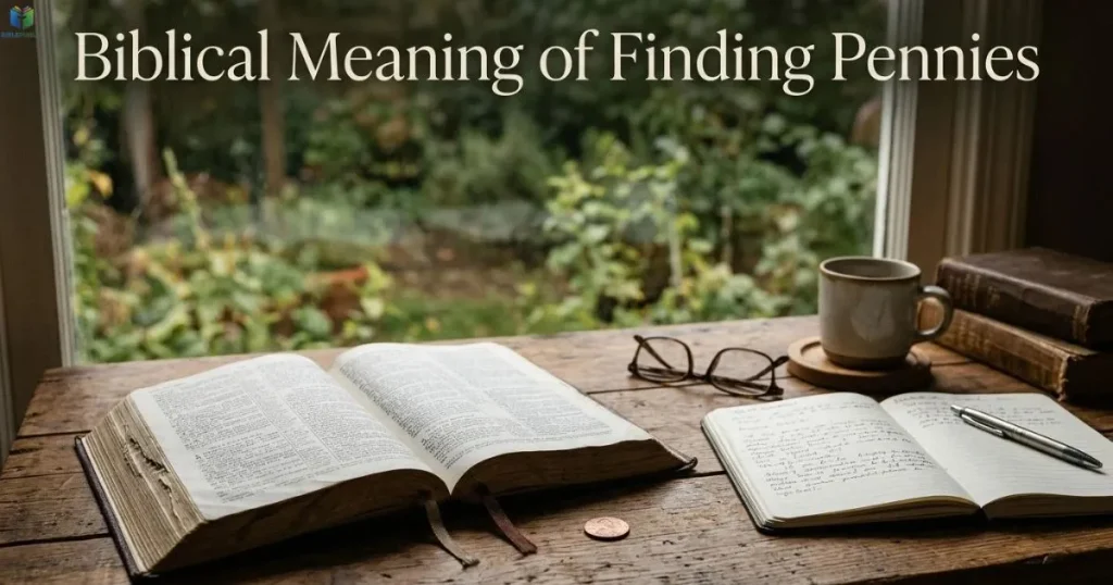 Biblical meaning of finding pennies illustrated by a modern penny beside an open Bible.