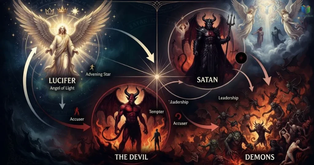 Bible study comparing the scriptural terms Satan, the Devil, Lucifer, and demons.