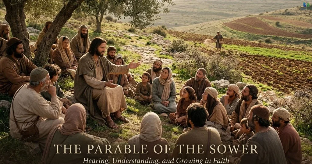 Jesus teaches listeners about receiving God’s Word and growing in faith beside a field.