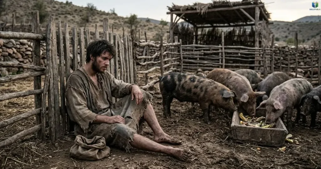 Younger son sitting near pigs, reflecting on his choices in the Prodigal Son parable.