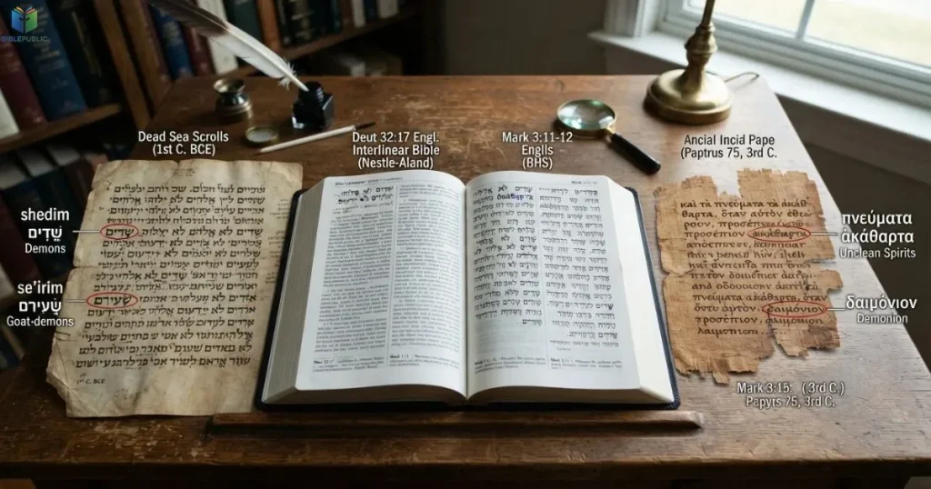 Hebrew and Greek biblical manuscripts representing the original terms used for demons and spirits.