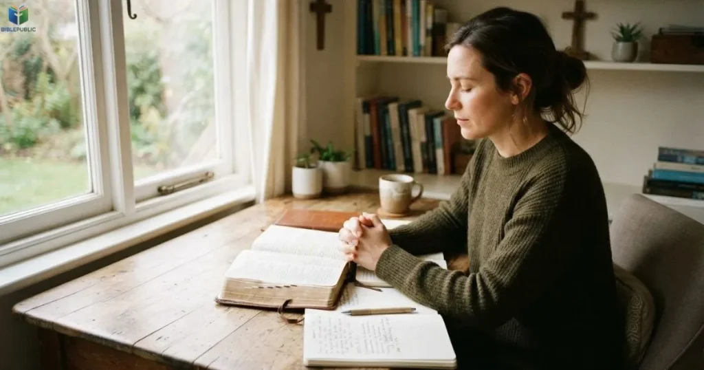 Person reflecting beside an open Bible and notebook while seeking spiritual guidance.