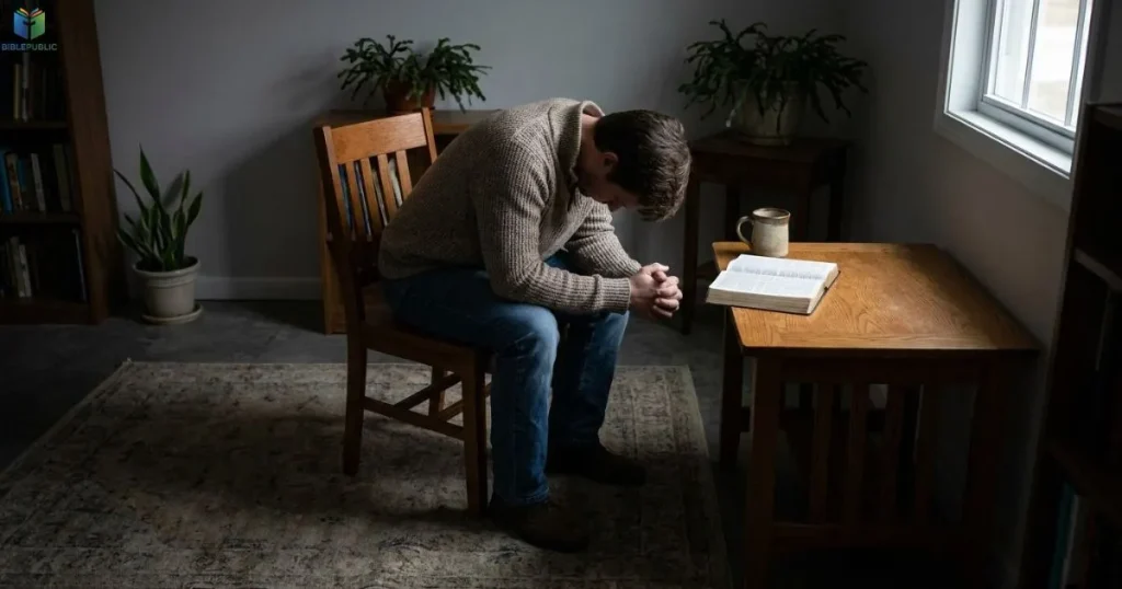 Person praying beside an open Bible while seeking God's wisdom during conflict