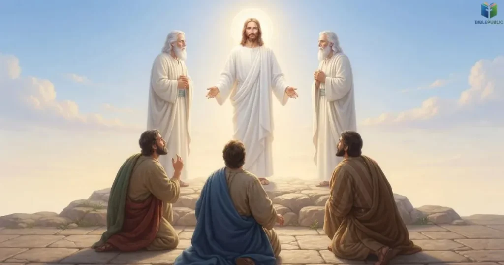 Elijah and Moses appear beside Jesus during the Transfiguration on the mountain.