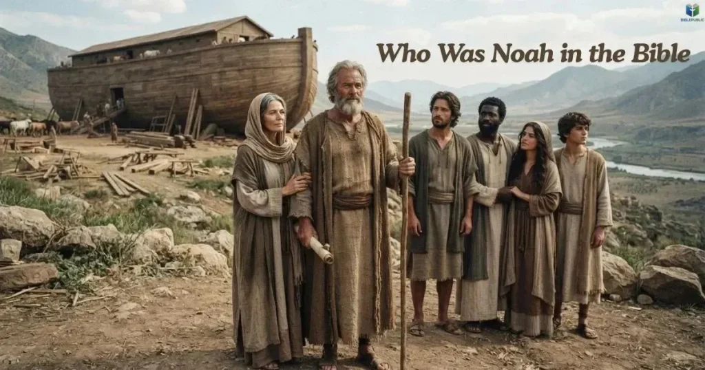 Noah standing with his wife and three sons in an ancient biblical setting.