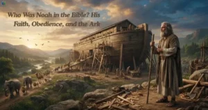Who Was Noah in the Bible, standing beside the wooden ark with animals nearby.