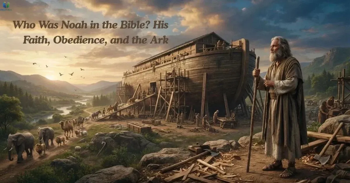 Who Was Noah in the Bible, standing beside the wooden ark with animals nearby.