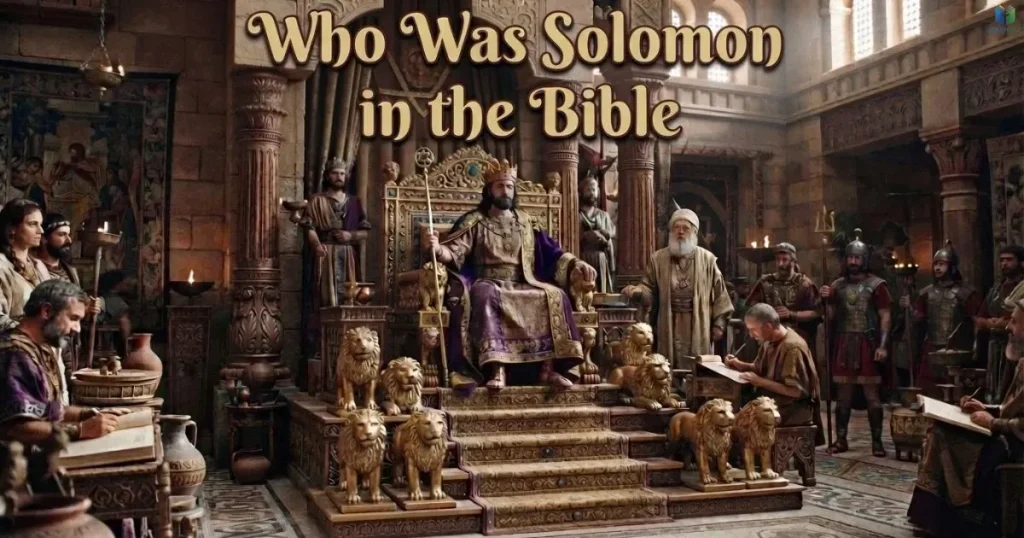 King Solomon seated on a throne in an ancient Israelite palace, representing his reign over Israel.