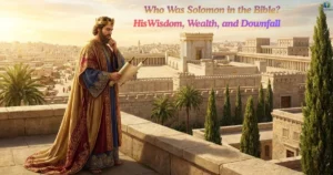 King Solomon in ancient Jerusalem with his royal palace and temple, illustrating who was Solomon in the Bible.