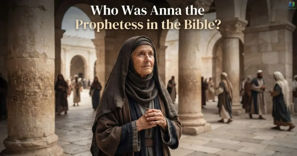 Anna the prophetess standing in the Jerusalem temple courtyard in biblical-era clothing.