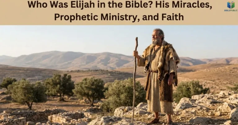 Who Was Elijah in the Bible, shown as a prophet standing on a rocky hillside in ancient Israel.